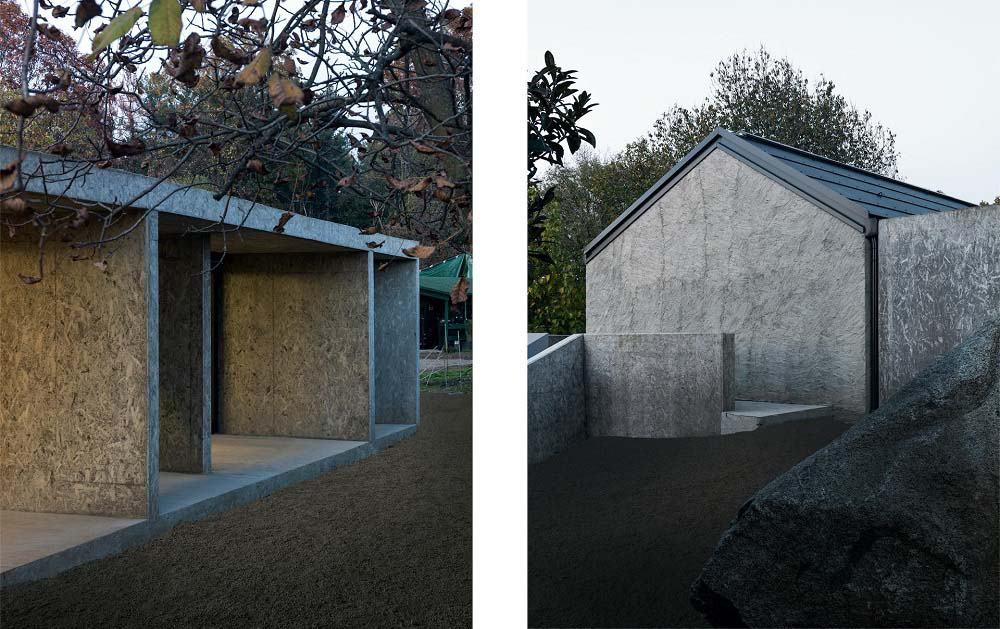 这是房子外部的双重视图，展示了房子外部的混凝土墙。