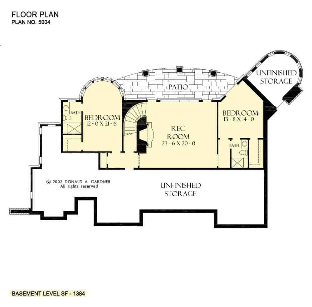 较低的楼层平面图，有两间卧室，一间娱乐室和充足的存储空间。