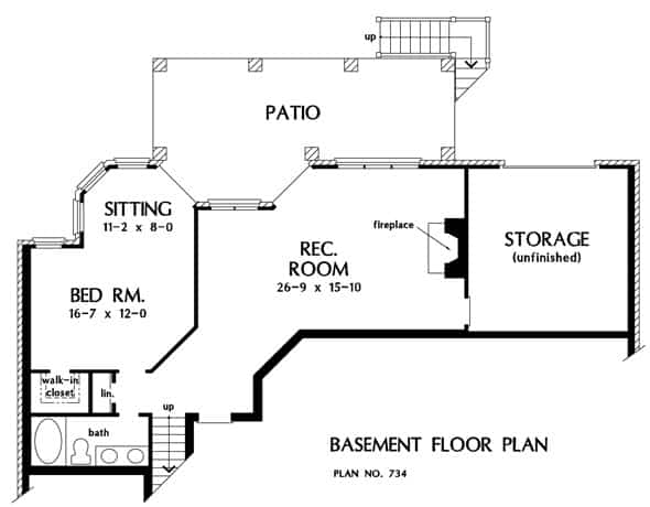 地下室平面图，卧室，娱乐室和巨大的存储空间。