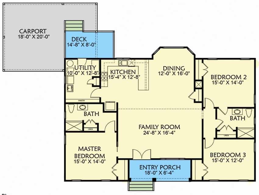 单层3卧室乡村牧场的整个平面图，带有入口门廊，家庭房，厨房，用餐区，三间卧室，杂物间和连接车库的甲板。