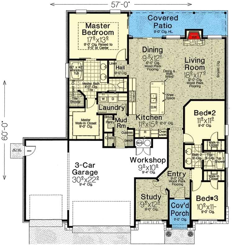 单层3卧室工匠的整个平面图，设有门厅、书房、厨房、用餐区、客厅、洗衣房、三间卧室和一间通往3车位车库的储藏室。
