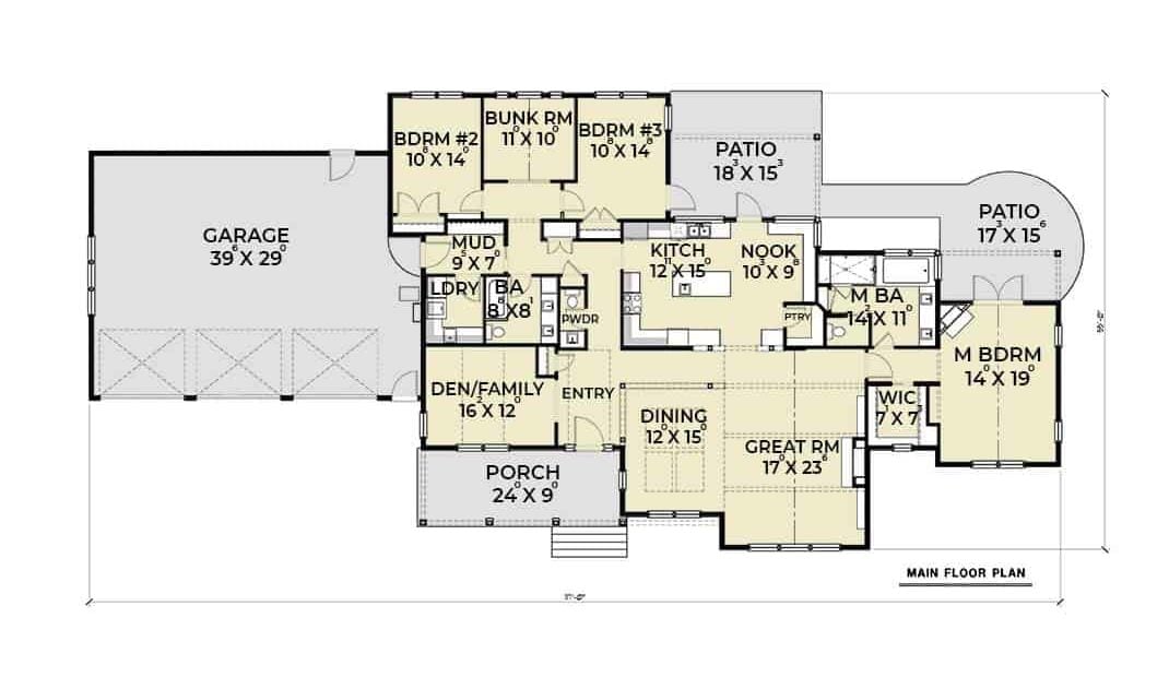 单层四卧室科德角风格住宅的整个平面图，设有大房间，书房，正式餐厅，带早餐角的厨房，三间卧室和一间通往三湾车库的储藏室。
