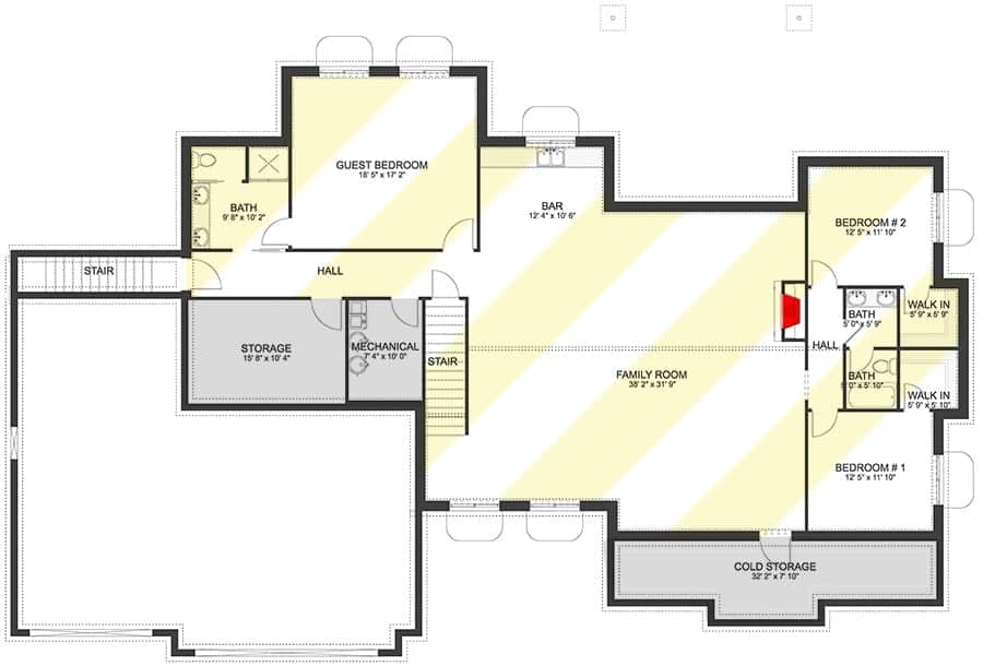 低层平面图有三间卧室、两间浴室和一个带湿酒吧的大家庭娱乐室。