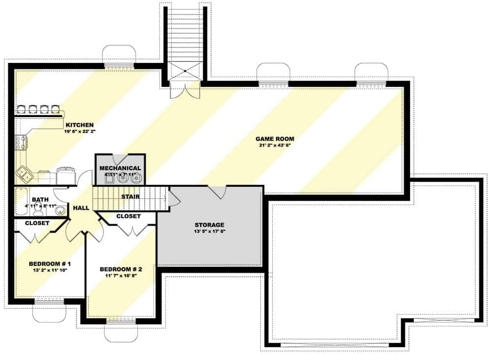 二层平面图有两间卧室，一间厨房和一间大游戏室。