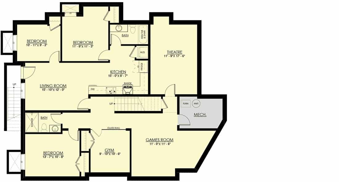 较低楼层平面图，设有三间卧室，客厅，厨房，健身房，游戏室和家庭影院。