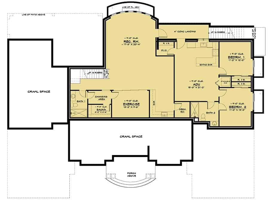 较低楼层平面图，有2间卧室的ADU，带湿酒吧的娱乐室和带桑拿浴室的健身室。