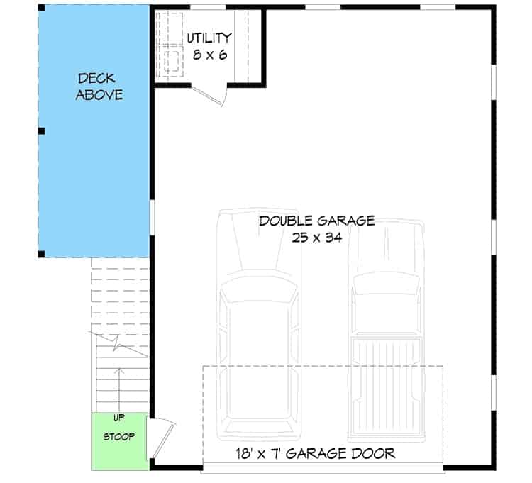一间1卧室的两层马车住宅的主要楼层平面图，带有双车库和一间杂物间。