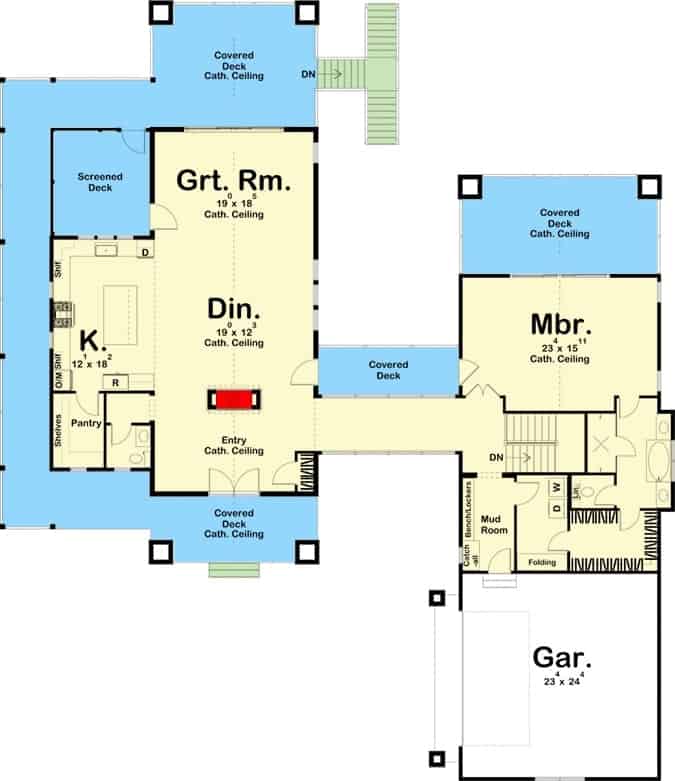 3主级平面图的卧室单层手工艺风格别墅的房间,餐厅、厨房、主套房,和寄存室,双车库。