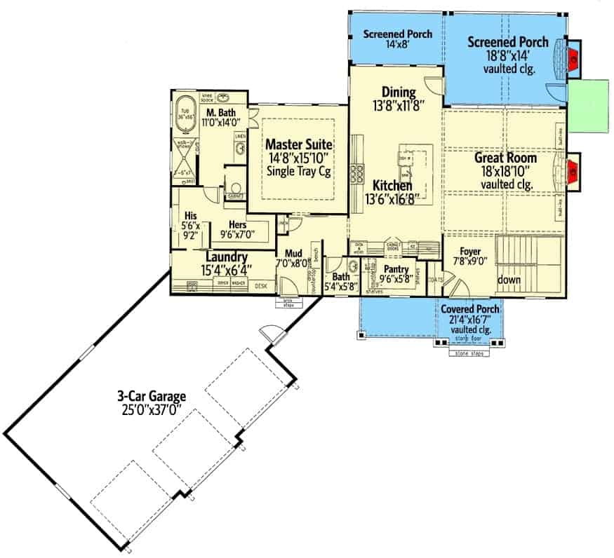 三卧室单层新美国住宅的主要楼层平面图，设有门厅，大房间，用餐区，厨房，主要套房，洗衣房和宽敞的屏风门廊。