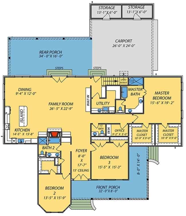 三卧室单层南方住宅的主要楼层平面图，带有前后门廊，门厅，家庭娱乐室，厨房，用餐区，三间卧室，杂物间和办公室。