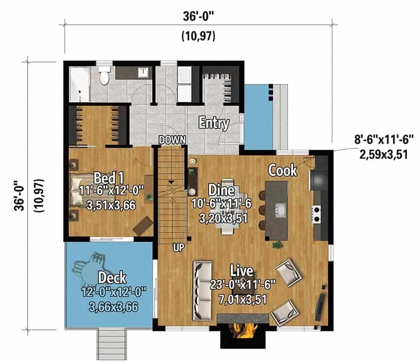 一间三卧室的两层山间小屋的主层平面图，设有门厅、客厅、用餐区、厨房和一间通往甲板的卧室。