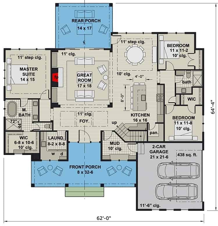 3间卧室的两层楼新美国住宅的主要楼层平面图，带有前后门廊，门厅，大房间，厨房，用餐区，三间卧室，洗衣房和通往车库的储藏室。