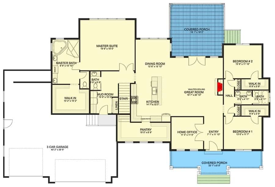 四卧室单层传统住宅的主要楼层平面图，带有前后门廊、门厅、大房间、厨房、用餐区、家庭办公室和三间卧室，包括主要套房。