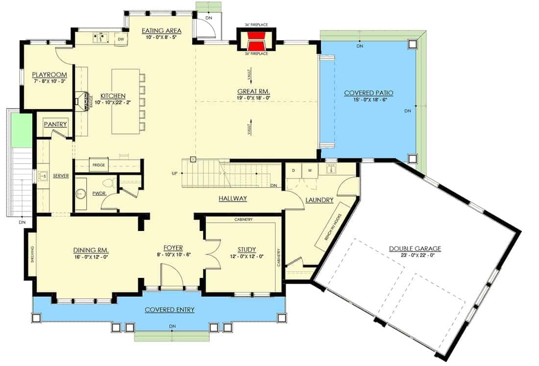 7卧室两层新港风格住宅的主平面平面图，设有门厅，书房，正式餐厅，大房间，带用餐区的厨房，游戏室和通往双车库的洗衣房。