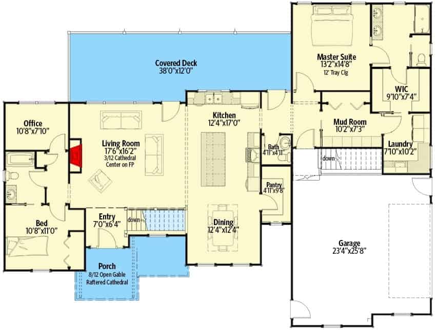 单层4卧室工匠之家的主平面平面图，前后门廊，门厅，客厅，厨房，用餐区，办公室，储藏室和两间卧室，包括主套房。