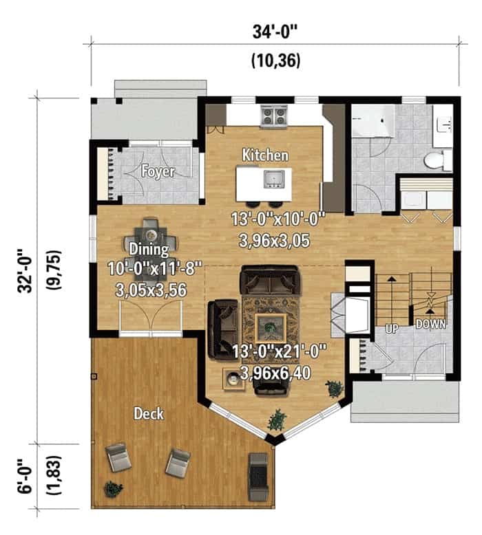 两层两卧室山地度假屋的主要楼层平面图，设有门厅、厨房、客厅、完整的浴室和一个通往大甲板的用餐区。