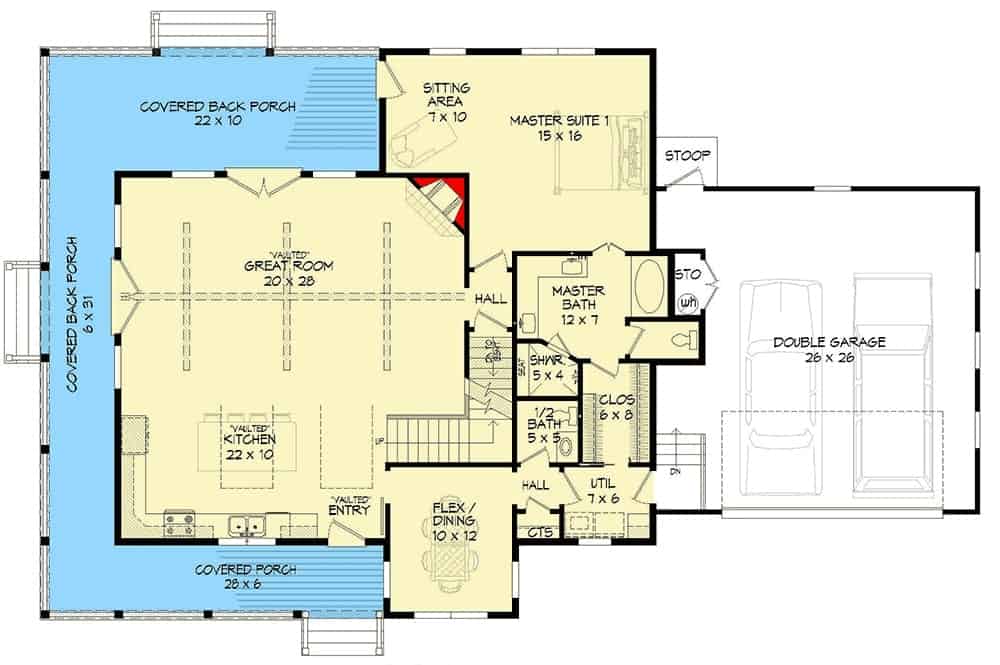 两层三卧室乡村住宅的主要楼层平面图，设有大房间，厨房，弹性/餐厅，主要套房，公用设施和环绕式门廊。