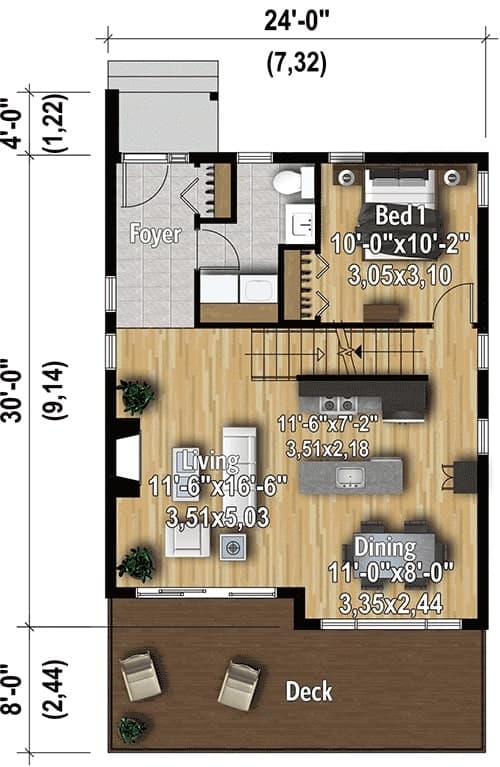 两层三卧室山坡当代住宅的主平面平面图，设有门厅，客厅，用餐区，厨房，卧室和宽阔的露台。