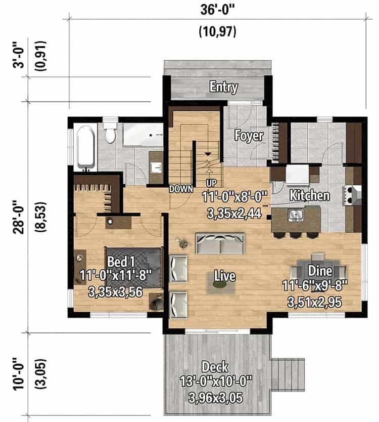 两层三卧室新美国当代住宅的主楼层平面图，设有门厅，客厅，厨房，用餐区，卧室和阳光明媚的甲板。