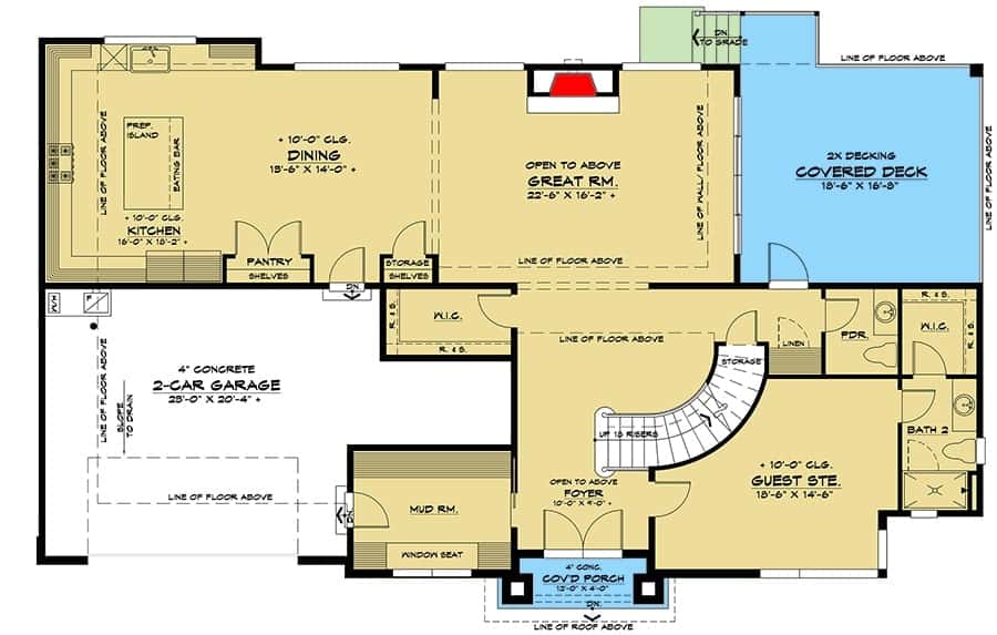 一栋两层楼高的5卧室当代西北住宅的主层平面图，带有门厅、大房间、厨房、用餐区、客房和一间通往双车库的储藏室。