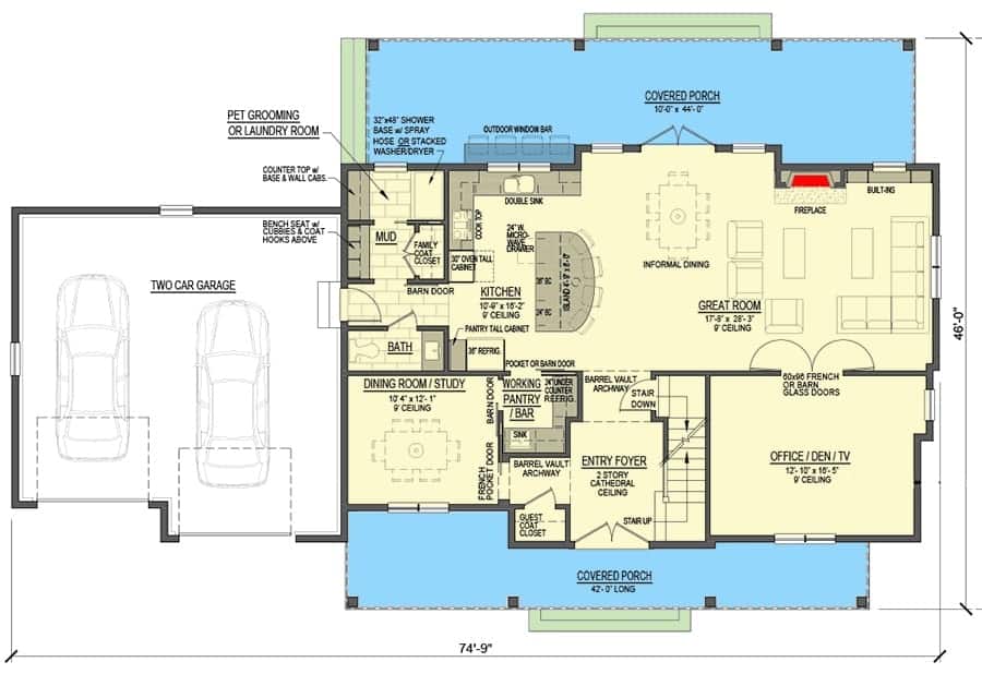 主级两层的平面图5-bedroom现代农舍前后门廊,门厅,大房间,厨房、餐厅、办公室/穴,一个寄存室,打开双车库。