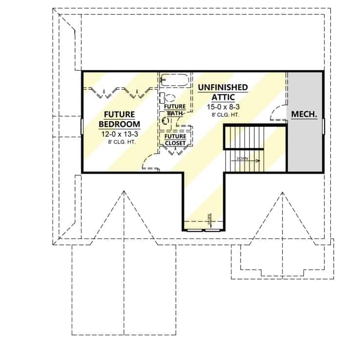 可选的三层平面图，未来的卧室套房，机械室，和未完成的阁楼。