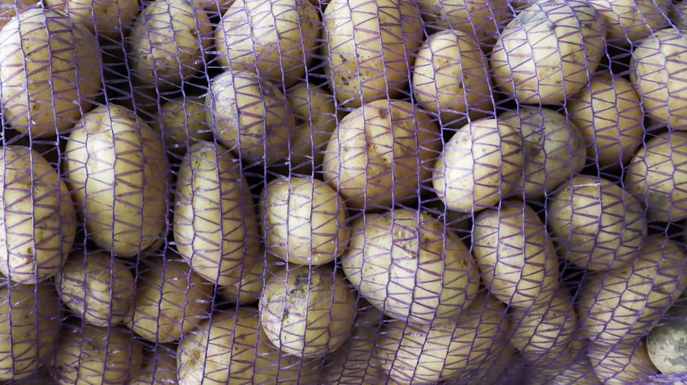 用网袋包在一起的一堆土豆。