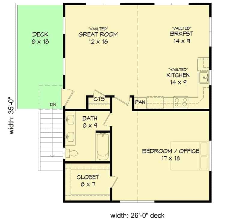 二层平面图有一个大房间，厨房，早餐角，一个可以用作办公室的卧室套房。