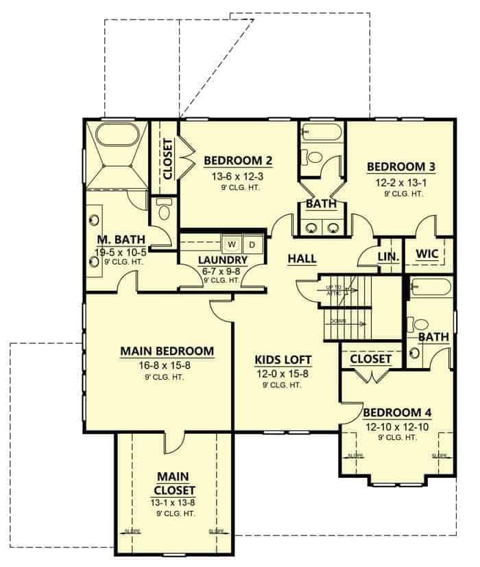 二层平面图，设有儿童阁楼和四间卧室，包括主卧套房。