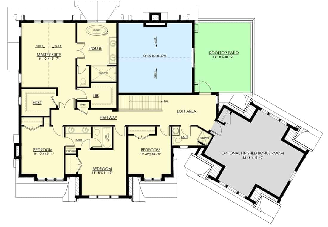 二楼平面图，有四间卧室，一个阁楼区，一个奖金房和一个屋顶露台。