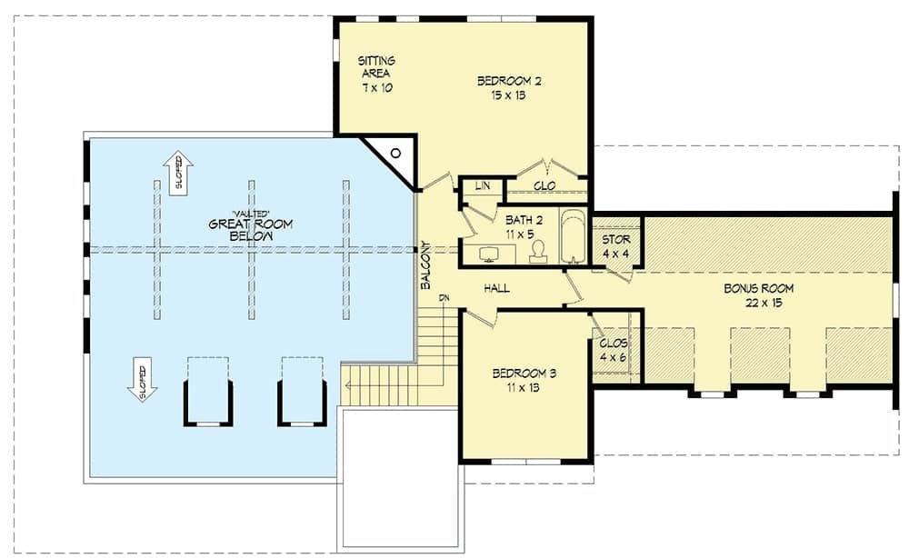 二层平面图，有两间卧室和一间奖励房。