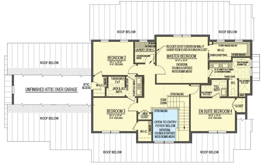 二级平面图有四个卧室,三个浴室,洗衣房。