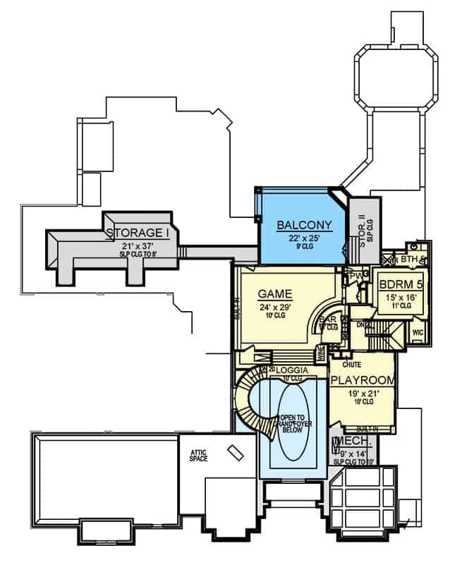 二层平面图有卧室、游戏室和游戏室，设有酒吧和阳台。