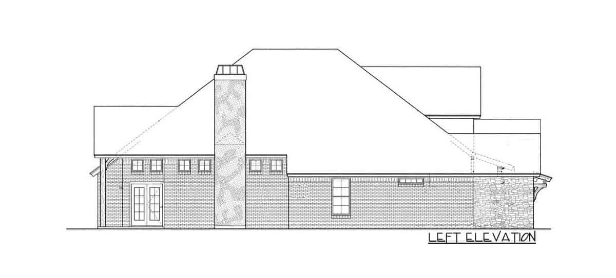 单层三卧室山地乡村住宅的左立面草图。