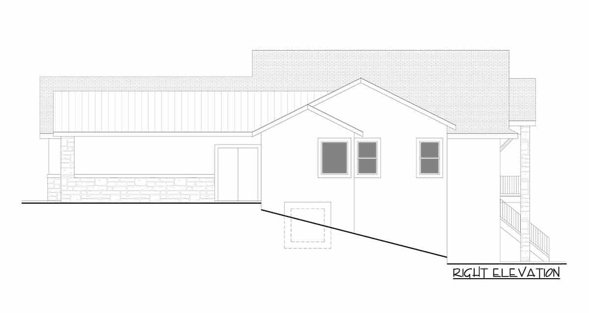 单层五卧室的山坡工匠住宅的右立面草图。