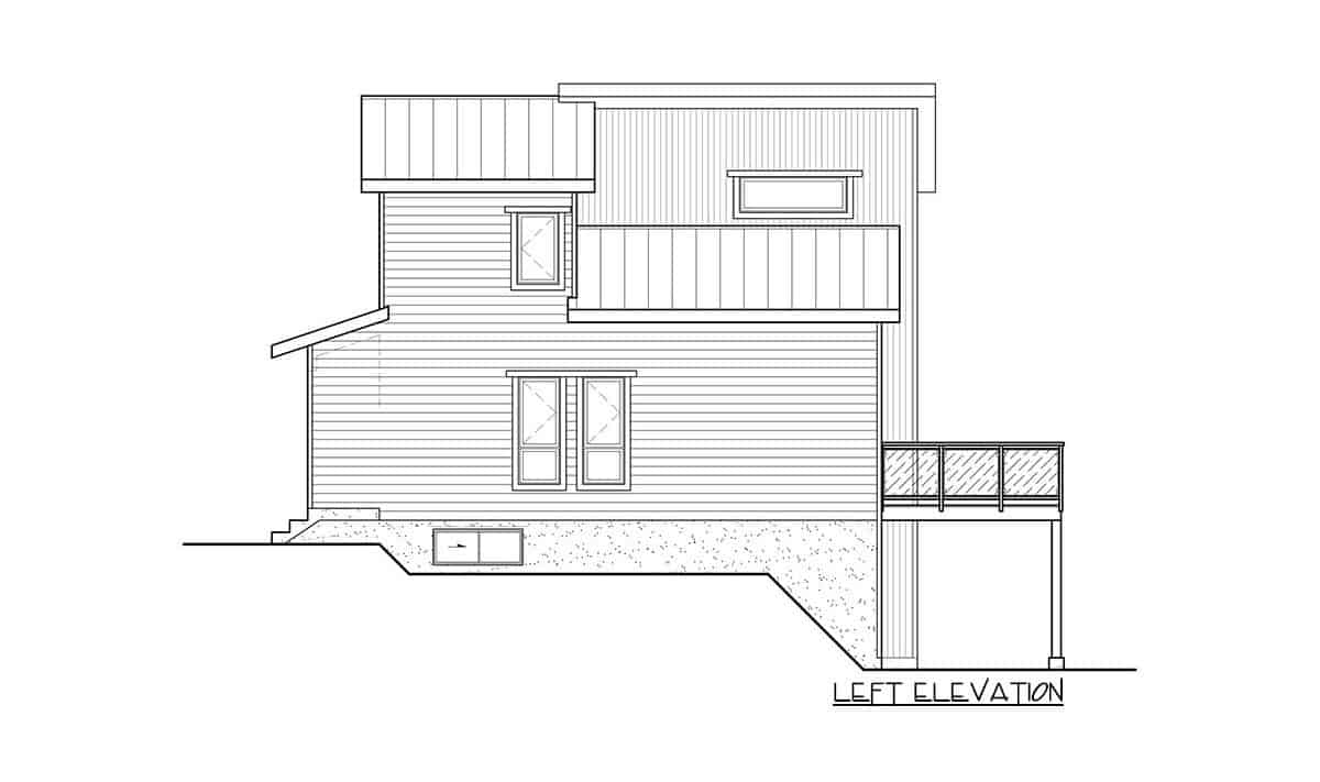 两层三卧室山坡当代住宅的左立面草图。