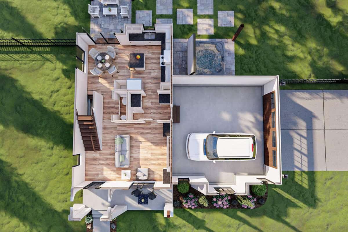两层三卧室现代别墅风格住宅的3D主要楼层平面图。