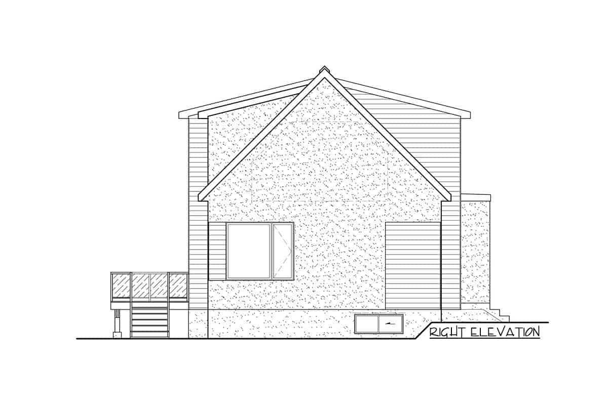 两层三卧室新美国当代住宅的右立面草图。