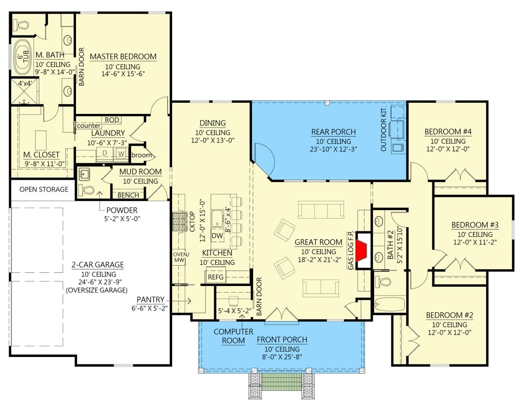 四卧室单层现代农舍的整个平面图，带有前后门廊，大房间，厨房，用餐区，洗衣房，四间卧室和一间通往双车库的储藏室。