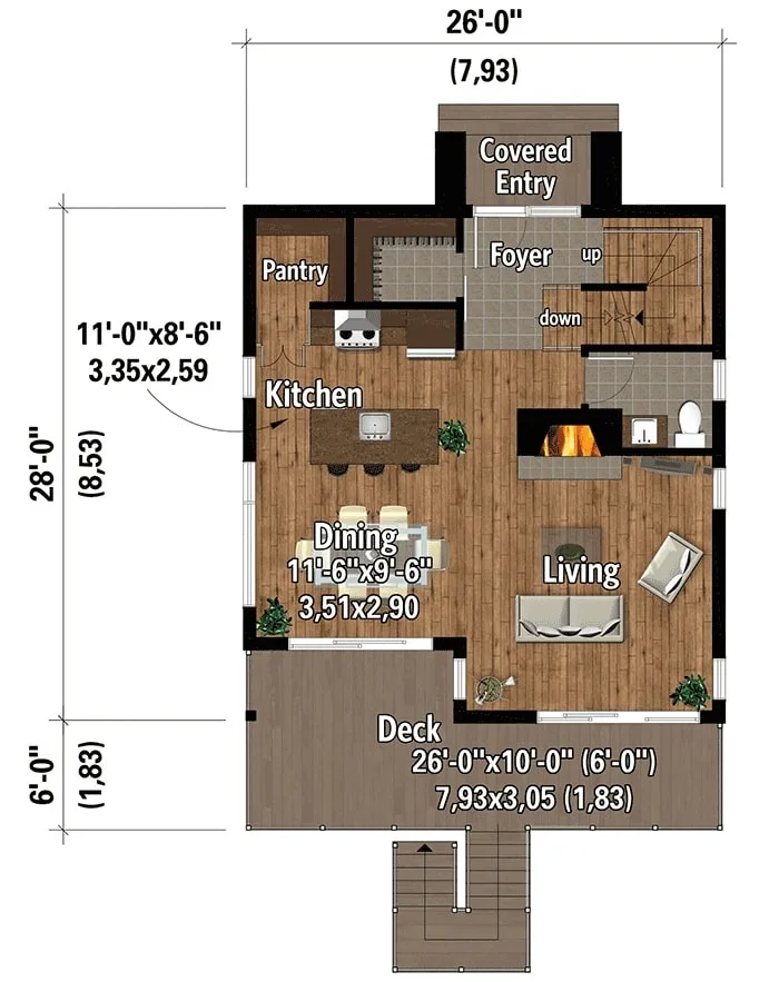2居室的主要层平面图两层现代山地带回家覆盖条目,休息室,厨房,餐厅,客厅,延伸到宽阔的甲板上。
