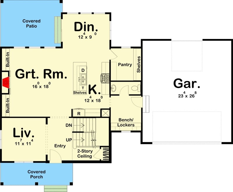 一个3卧室的两层谷仓式住宅的主要楼层平面图，前后门廊，门厅，客厅，大房间，厨房，用餐区，和一个通往汽车车库的储藏室。
