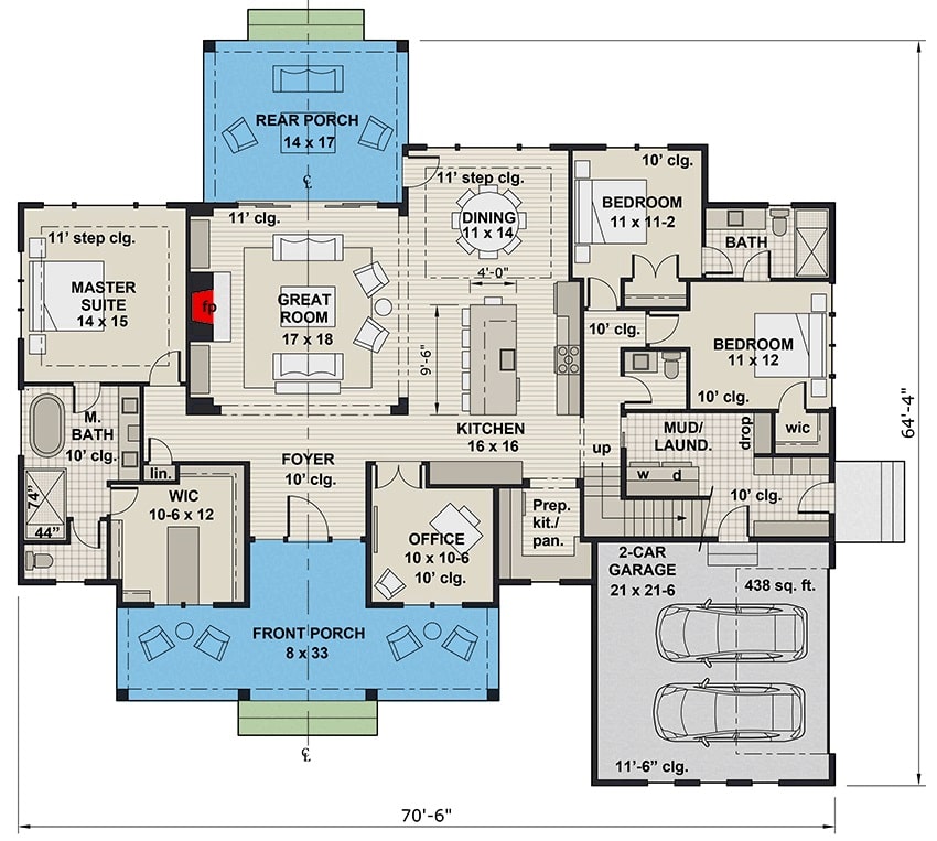 三卧室两层现代农舍的主楼平面图，前后门廊，门厅，大房间，厨房，用餐区，三间卧室和通往双车库的储藏室。