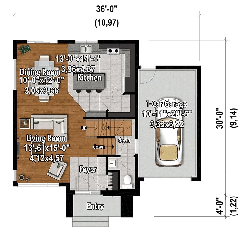 两层三卧室当代住宅的主要楼层平面图，带有门厅，客厅，用餐区，厨房和单车位车库。
