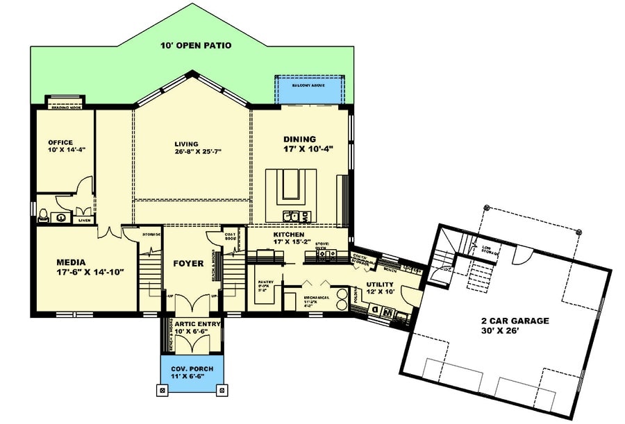 两层三卧室工匠住宅的主要楼层平面图，带有前后门廊、门厅、客厅、厨房、用餐区、办公室、媒体室和一间通往倾斜车库的杂物间。