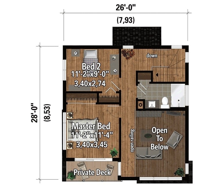 二级平面图有两间卧室和一个私人甲板。