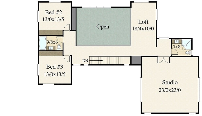 二楼平面图，有两间卧室，一间阁楼和一间工作室。