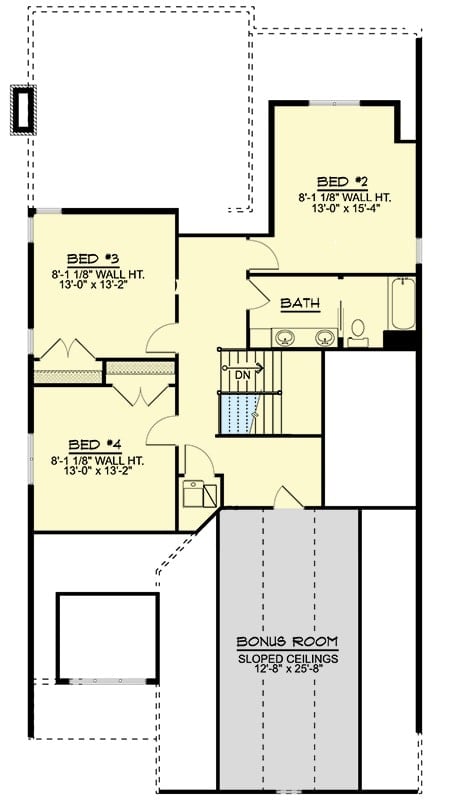 二层平面图有三间卧室，一个完整的浴室和一个奖励房间。
