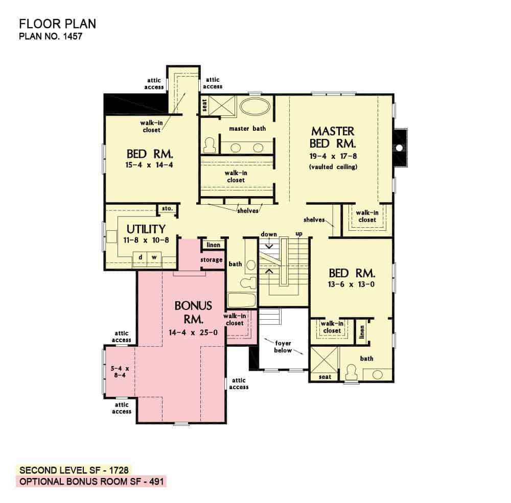 二层平面图有三间卧室，杂物间和一个大的奖励房间。