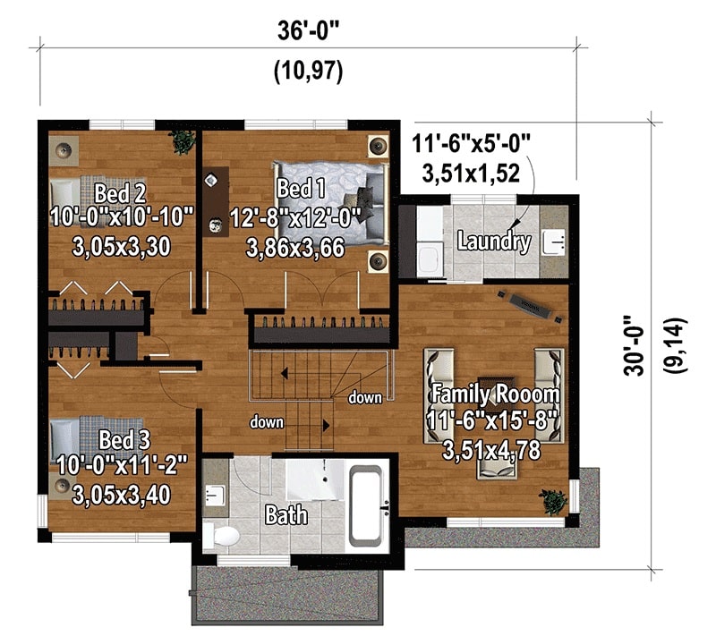 二层平面图有家庭娱乐室、洗衣房和三间卧室。