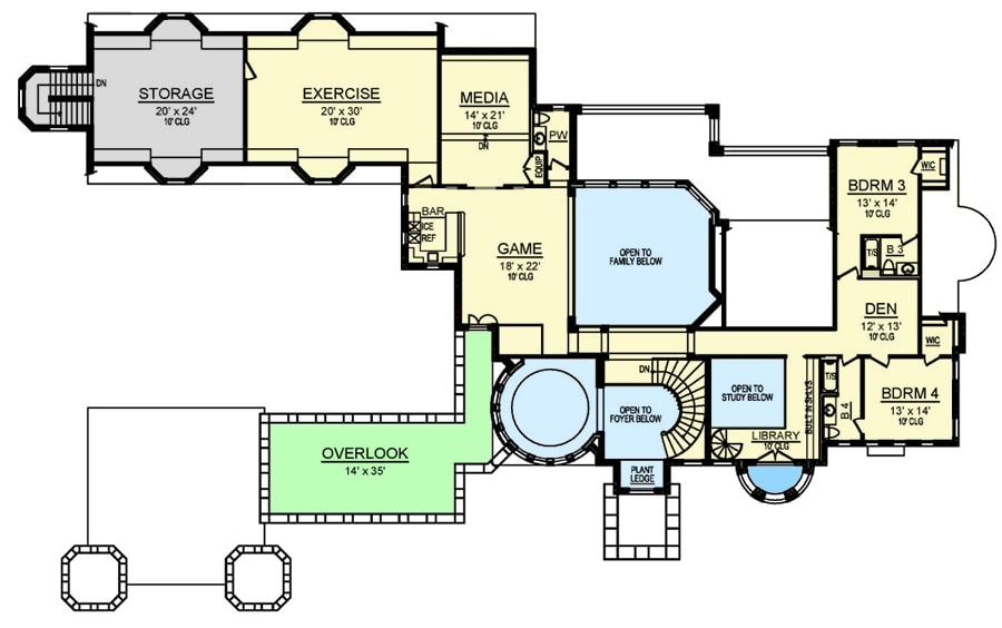 二层平面图有两间卧室，一个游戏室，媒体室，和一个宽敞的存储空间的健身房。